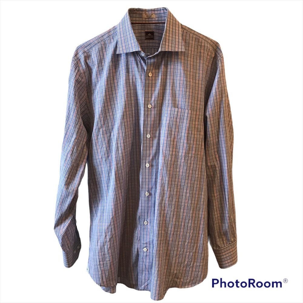 Peter Millar Button Down Shirt 16.5 Blue Red Plaid Excellent Cotton Long Sleeve